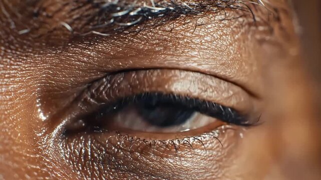Extreme closeup of a darkskinned mans blue eye with detailed texture