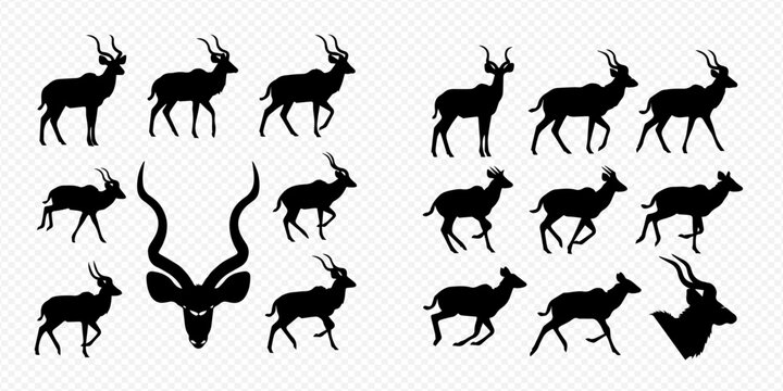 Set of various antelope and gazelle silhouettes, including heads and full body poses, isolated on a transparent background.