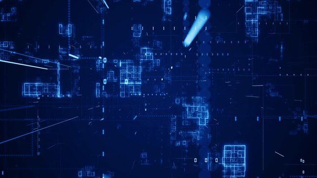 Artificial intelligence concept showing digital data architecture with connected nodes, binary code, and network structures, representing AI processing, big data systems, and cloud computing in advanc