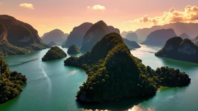 Stunning aerial view of limestone karsts and emerald water at sunset