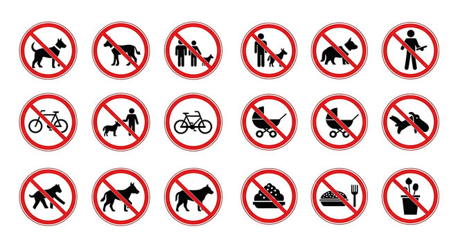 Collection of no dogs allowed signs on white background