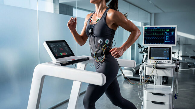 Woman performing an exercise stress test for cardiac health and performance analysis, connected to medical monitoring equipment