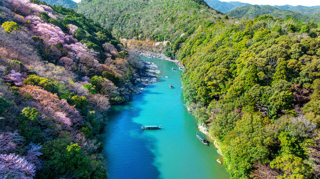 Boatman punting the boat at river. Arashiyama in spring season along the river in Kyoto, Japan.