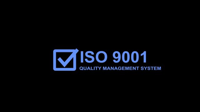 Minimal ISO 9001 Quality Management System certification banner featuring a white checkmark inside a square icon with bold ISO 9001 text on a black background.