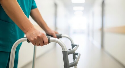 Fototapeta premium Professional medical scrubs support a steadying grip on a walker in a bright clinical corridor, highlighting healthcare and recovery progress, care, surface, sterile