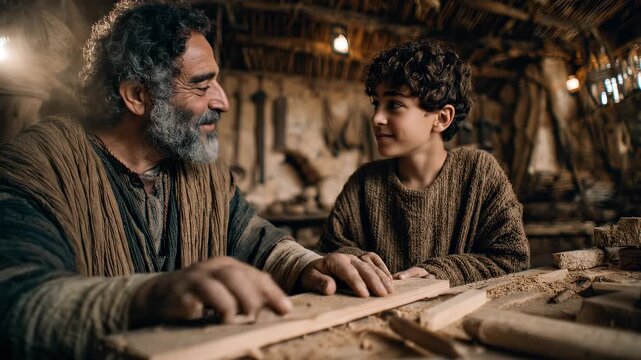 Young Jesus working in a carpentry workshop with his father Joseph.