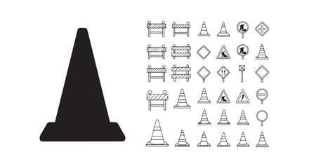 Fototapeta premium Collection of black and white construction and road safety icons including traffic cones and barriers. warning signs.