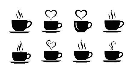 Obraz premium Eight uniform black coffee cups on saucers displaying various forms of rising steam for hot beverage service graphics
