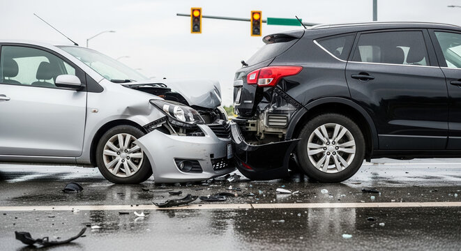 Car collision at intersection with severe vehicle damage, traffic accident and insurance claim concept