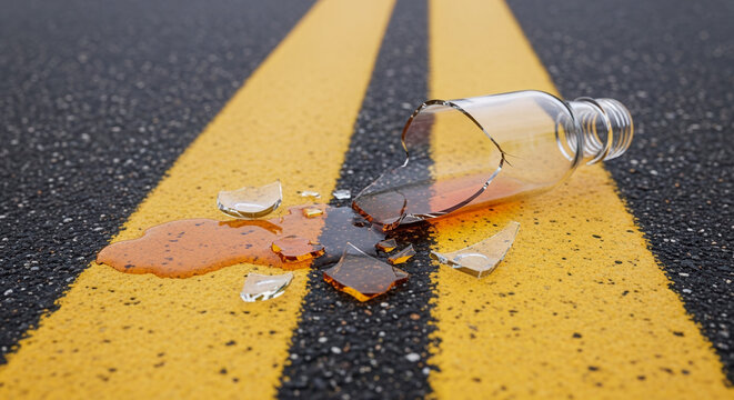 Broken glass bottle on road with spilled alcohol, drunk driving hazard and accident aftermath concept