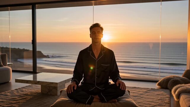 Man with calm mood meditating by ocean at sunset in luxury interior with panoramic windows concept luxurylifestyle