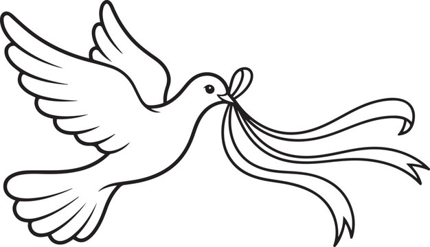 White dove with flowing ribbon in its beak, symbolizing peace and hope, isolated on white background