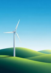 Fototapeta premium White wind turbines stand across rolling green hills under a clear blue sky, generating sustainable renewable energy in a rural landscape, farm, generator, vast