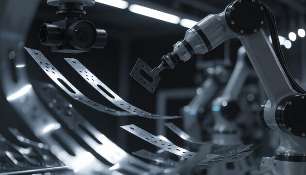 Medium shot of an automated sampling station where a vision system checks holes and bend angles on sheet metal parts emphasizing detailed defect detection and sorting.