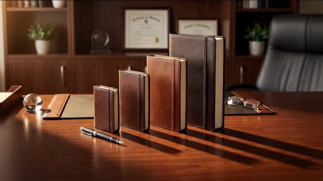 Planner staircase concept on executive desk representing personal growth, self improvement and business progress