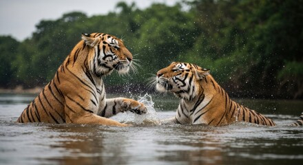 Fototapeta premium Two tigers splashing and playing in a river, with lush green foliage in the background
