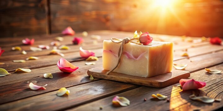 Aromatic handcrafted soap bar adorned with a delicate rose, resting on a rustic wooden surface surrounded by scattered rose petals, bathed in warm sunlight.