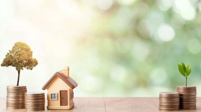 A small house sits between stacks of coins topped with a tree and a plant.