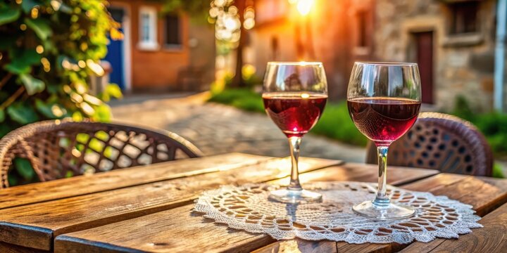 Two glasses of red wine on a rustic wooden table with a crocheted placemat, bathed in warm sunlight, peaceful outdoor setting