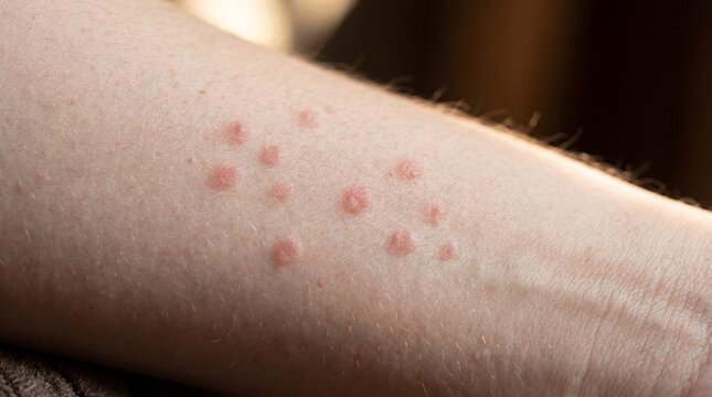 Close-up of multiple red, itchy insect bites on fair human skin (arm), showing an allergic reaction or irritation