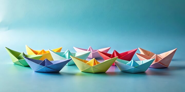 A fleet of colorful paper boats sailing on a tranquil blue sea, symbolizing teamwork, journey, and diverse paths to success