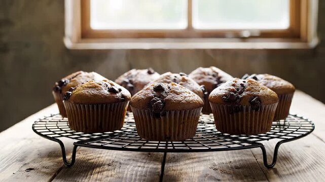 Chocolate chip muffins on cooling rack with clean composition modern bakery production branding visual Video 4K UHD 60fps