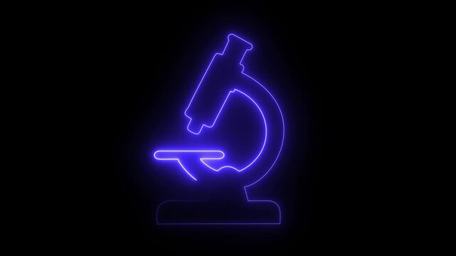 Neon microscope icon for science and laboratory research. Glowing microscope symbol representing biology, medical technology and scientific discovery.