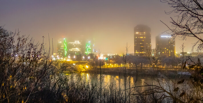 Foggy night cityscape of Saskatoon, Canada
