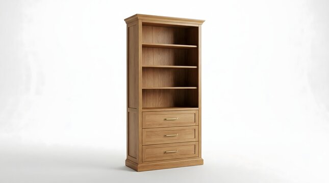 A tall wooden cabinet with shelves and drawers standing alone against a white background