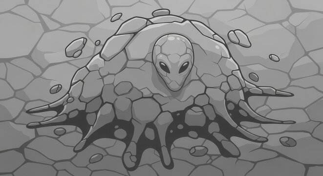 Mythical stone creature emerges from the cracked ground in a monochromatic illustration.