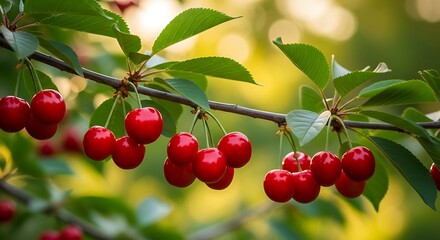 Obraz premium Vibrant red cherries hanging from a tree branch with green leaves in a natural outdoor setting with sunlight