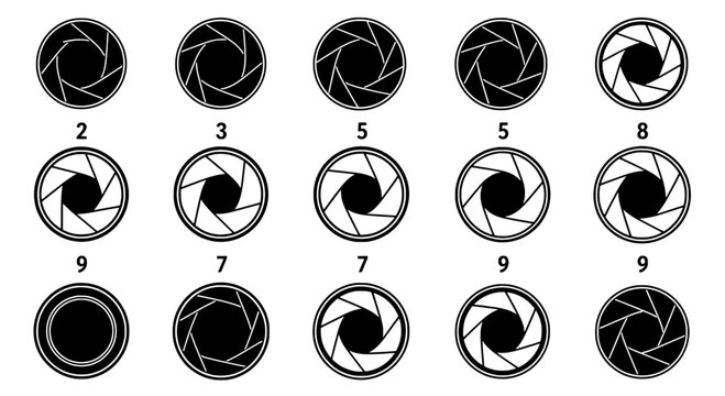 Camera aperture icons set with different f-stop numbers and black and white designs on white background
