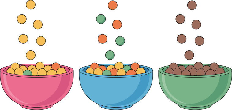 Healthy breakfast cereal bowls collection with corn flakes fruit loops and chocolate balls falling into milk for morning meal vector illustration. 