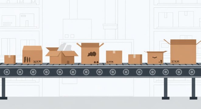 Cardboard shipping boxes move along a mechanized conveyor belt inside a distribution warehouse facility.