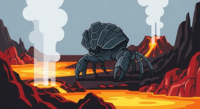 Armored crab creature walks across a volcanic landscape filled with flowing lava and steaming vents.