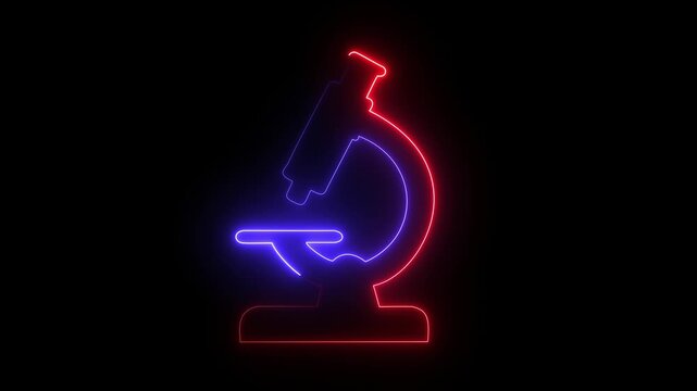 Neon microscope icon for science and laboratory research. Glowing microscope symbol representing biology, medical technology and scientific discovery.