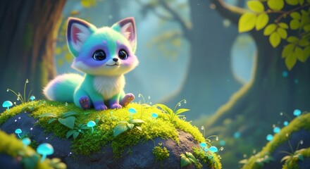 Obraz premium A small fluffy fox creature with large expressive eyes and soft pastel fur sits playfully on a vibrant mossy rock in a mystical forest, expressive, fantasy, character