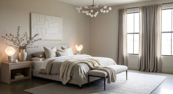 Luxury contemporary hotel room interior featuring a comfortable suite lounge and bedroom with designer furniture, bedding, and ambient light by a window.