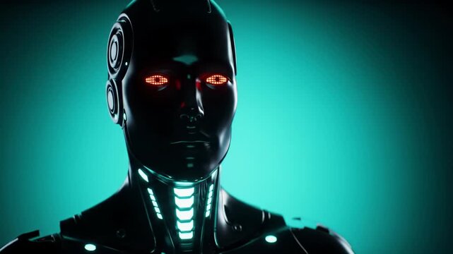 An advanced ai android with polished dark metallic skin, glowing red led eyes, and a pulsing teal aura performs a slow head movement on a deep teal gradient. Futuristic sci-fi concept.
