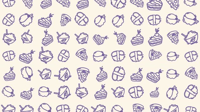 Handdrawn doodle food pattern of pizza and sushi suitable for designs for food blogs, menus, and kitchen decorations. Whimsical and fun.