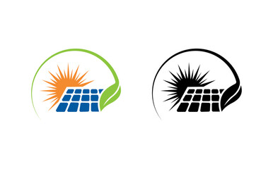 Obraz premium A logo featuring solar panels and a sun with a leaf, symbolizing renewable energy and eco-friendliness.
