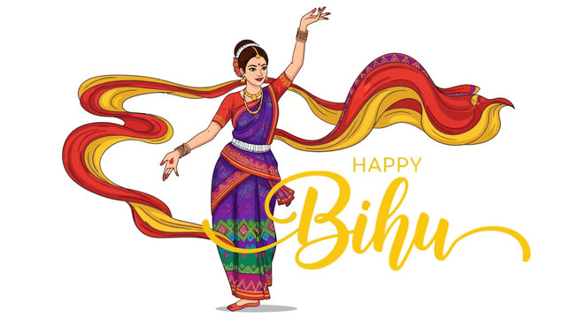 Vector illustration showcasing a woman in assamese traditional dress performing the bihu dance with festive movements against a white background, embodying the joyful spirit of the assam