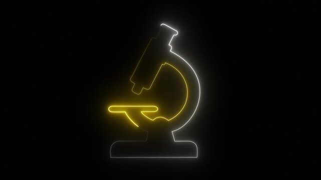 Neon microscope icon for science and laboratory research. Glowing microscope symbol representing biology, medical technology and scientific discovery.