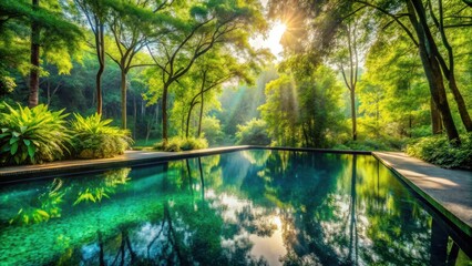 Obraz premium Serene Pool Reflecting Sunlit Canopy in Lush Green Garden Sanctuary