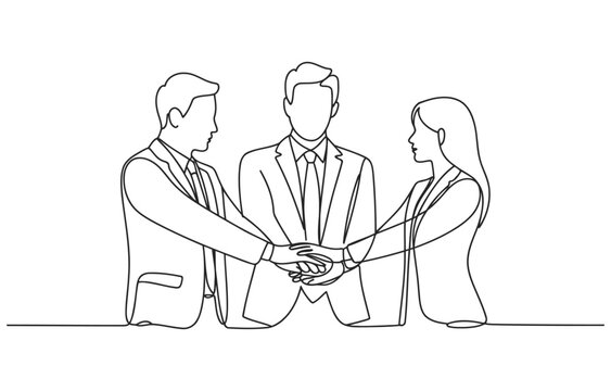 Three business people in suits putting hands together in unity and teamwork with line art single line teamwork business together collaboration strategy partnership agreement corporate