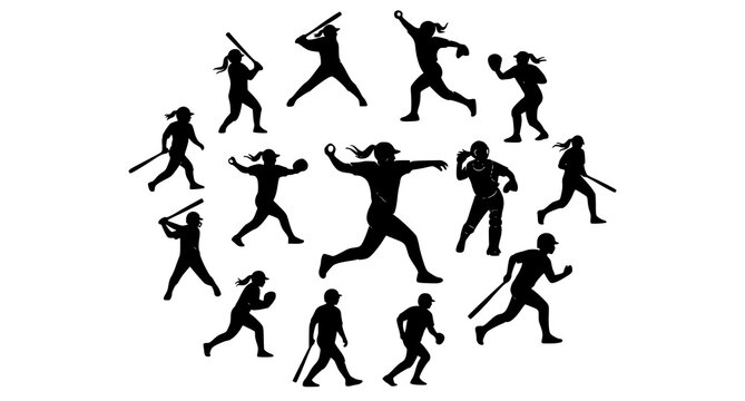 Minimal softball player silhouettes vector set with clean athletic action poses and icons