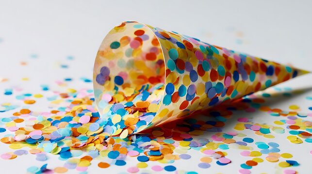 A tipped over paper cone spills colorful confetti onto a white surface, close-up shot