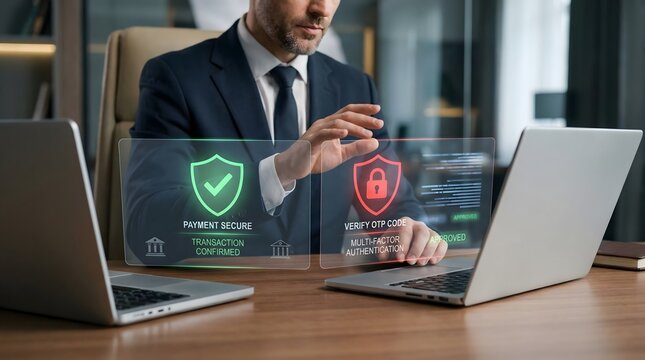 Executive managing secure payment and multi factor authentication hologram on laptop