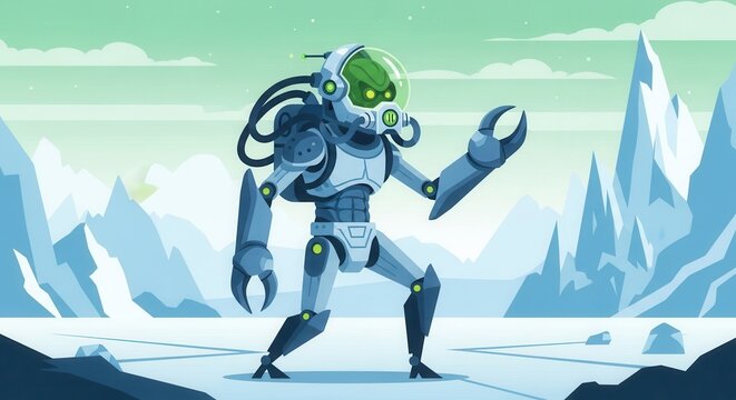 Futuristic extraterrestrial cyborg walks across a frozen alien landscape.