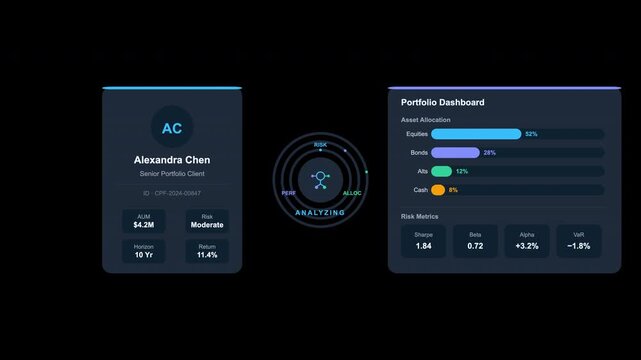 Modern darkthemed portfolio dashboard suitable for business presentations, financial reports, data analysis software, and project management. Sleek design elements.